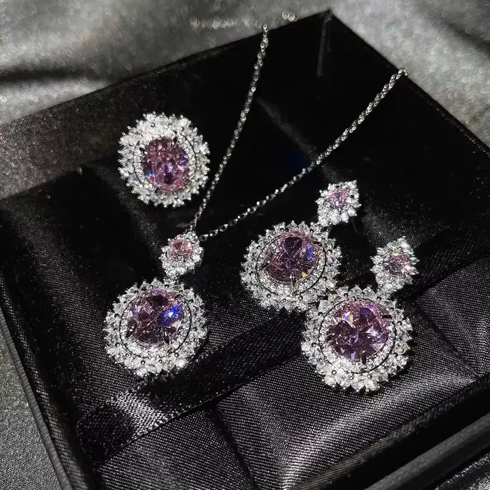2025 Nouvel ensemble de bijoux de luxe 3 pièces | Diamant jaune et rose : collier + boucles d'oreilles + bague