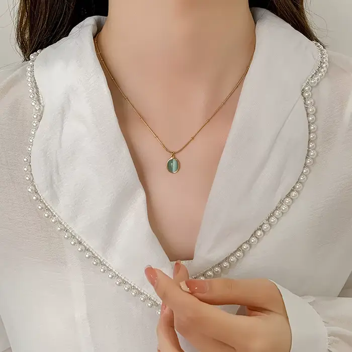 Collier ovale en argent Sterling 925 avec pendentif bleu mer, exquis pour femmes, œil de chat, serrure en pierre, chaîne en os, bijoux de mariage