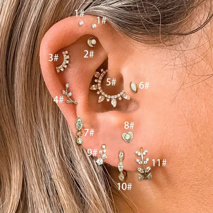 Tragus Helix Daith Piercing d'oreille coeur lune feuille Zircon opale Lobe cerceau boucle d'oreille 