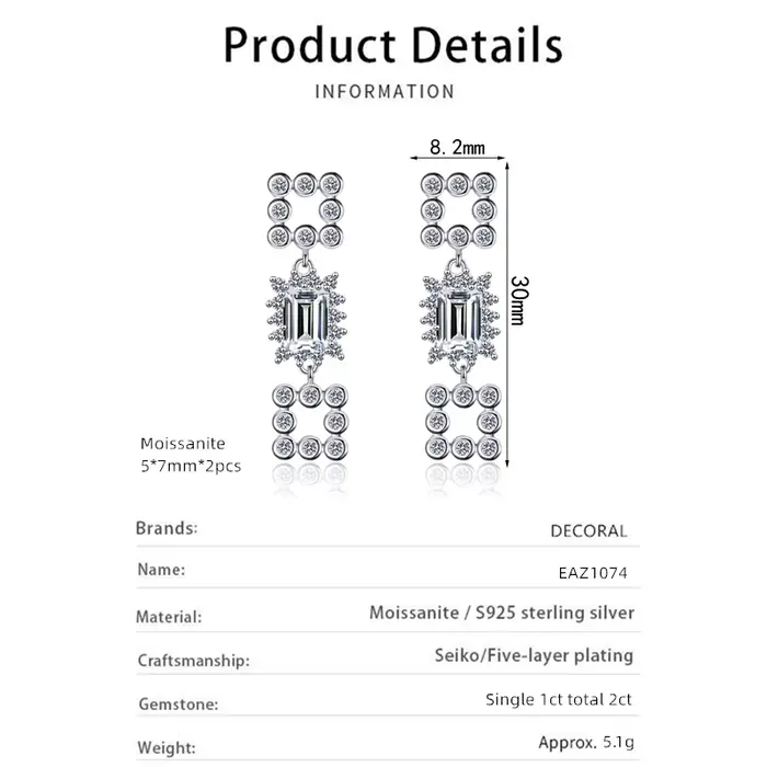 Boucles d'oreilles en argent regardé 925 plaqué or blanc 18 carats pour femme, couleur D véritable, taille émeraude, 1 carat, moisanite, pompon, bijoux de luxe