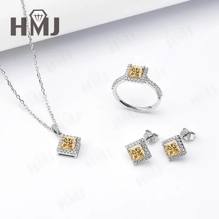 Ensemble de bijoux bague boucle d'oreille collier princesse coupe Moissanite laboratoire cultivé pie
