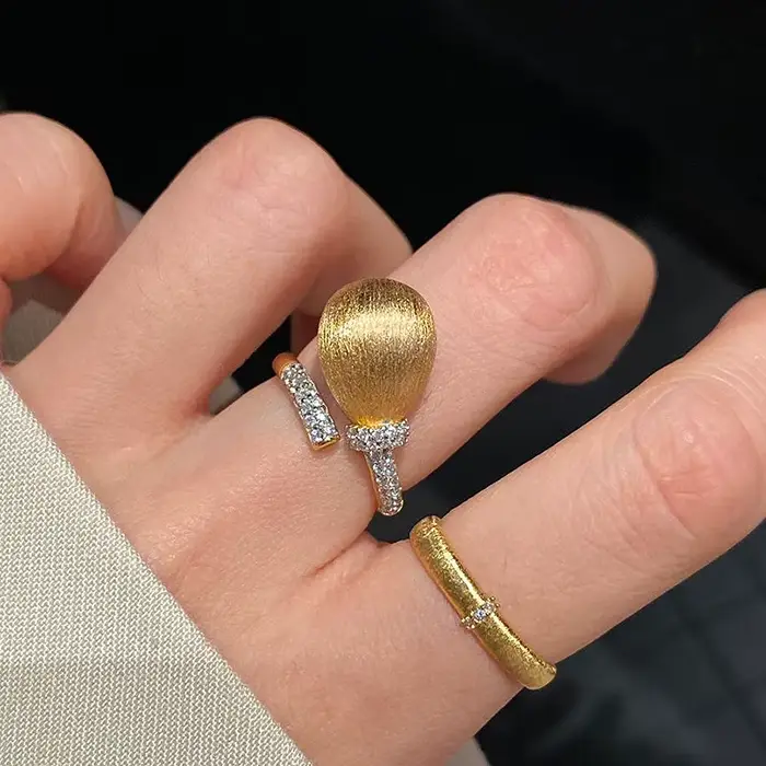 Bague de pomme de pin en diamant complet pour femme, artisanat en or antique rétro, goutte d'eau brossée de style chinois, bijoux de banquet