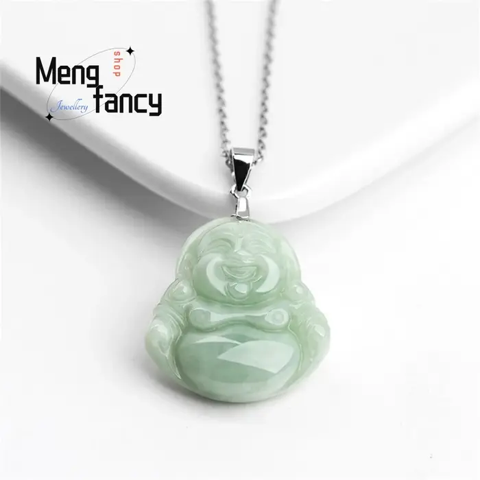 Collier en argent S925 naturel Myanmar a-goods jadéite vert clair pendentif bouddha Maitreya exquis 