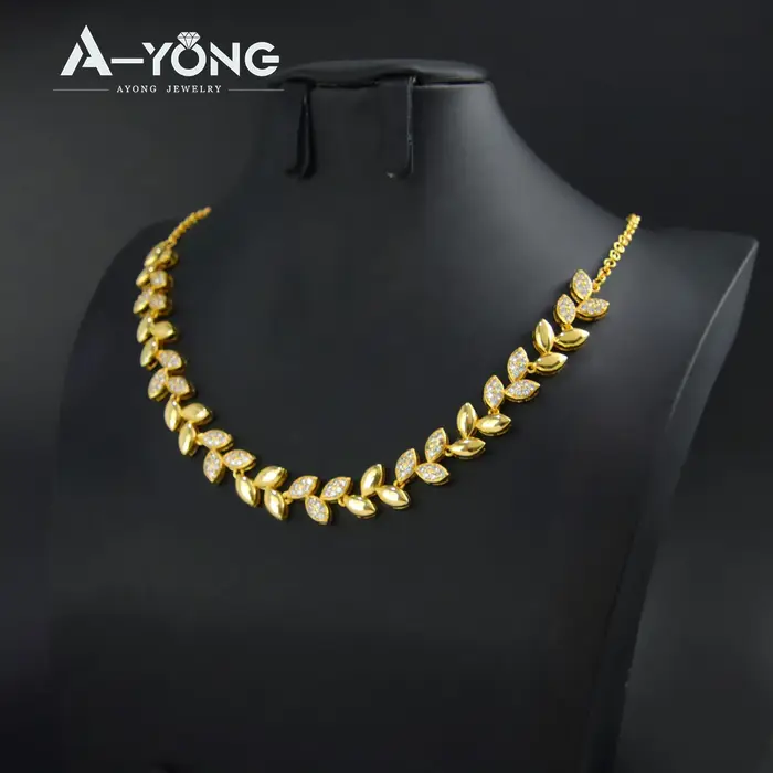 Ensemble de bijoux de luxe en zircone italienne, plaqué or 21 carats, feuille de pompon de dubaï, co