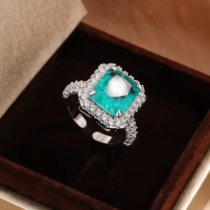 Nouveau Paraiba Imitation émeraude Tourmaline bague pour femmes 925 argent plein diamant ouverture bague fête cadeau d'anniversaire