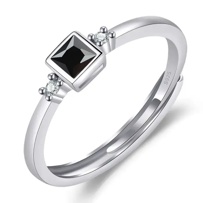Bague ouverte ajustable en argent sterling S925, zircon noir carré incrusté sur le côté, petite bagu