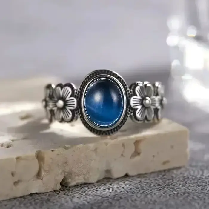 Bague Vintage en argent Sterling S925 avec fleur de Rose, ovale, pierre de lune naturelle, douce, bi
