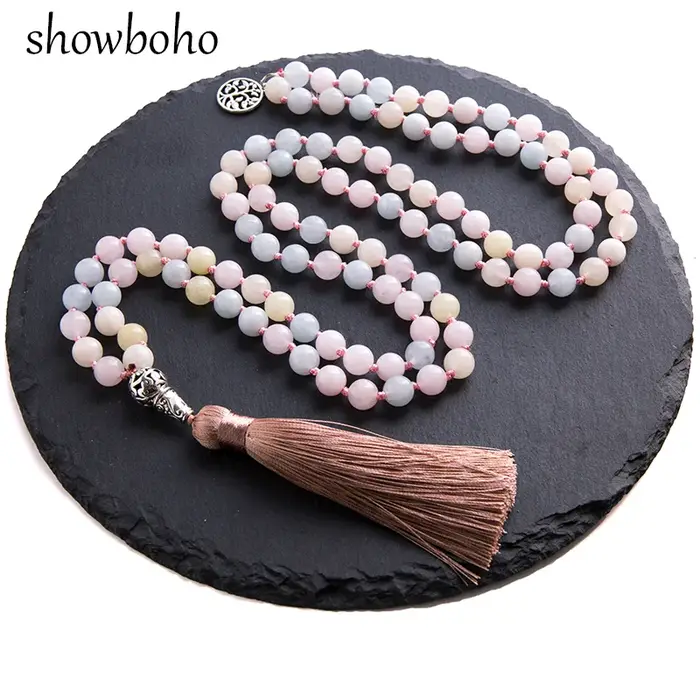 Collier Mala 108 perles de Morganite 8 mm nouées