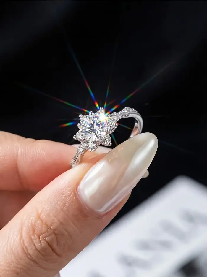 Bague Tournesol Classique en Moissanite 1 Carat pour Femme, en Argent Sterling 925, Bijou de Luxe de
