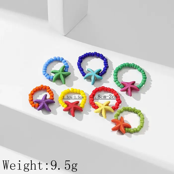Bague étoile de mer colorée avec perles de rocaille tissées anneau élastique réglable pour filles et enfants bijoux amusants vacances d'été océan fantaisie