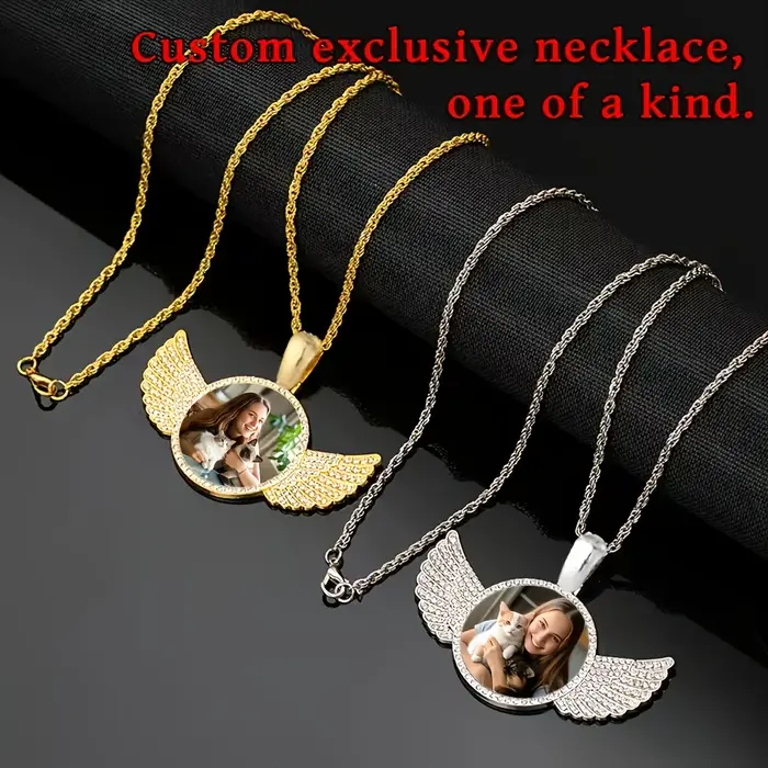 Collier photo rond personnalisé aile d'ange