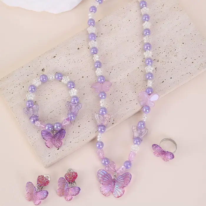 Bracelet princesse pour filles, bijoux en perles, collier papillon de dessin animé, bague, boucles d'oreilles, costume pour enfants