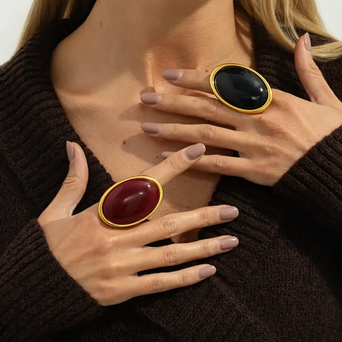 Anneau en résine ovale rouge géométrique classique pour femmes style féminin bijou mode occasions quotidiennes sorties chic