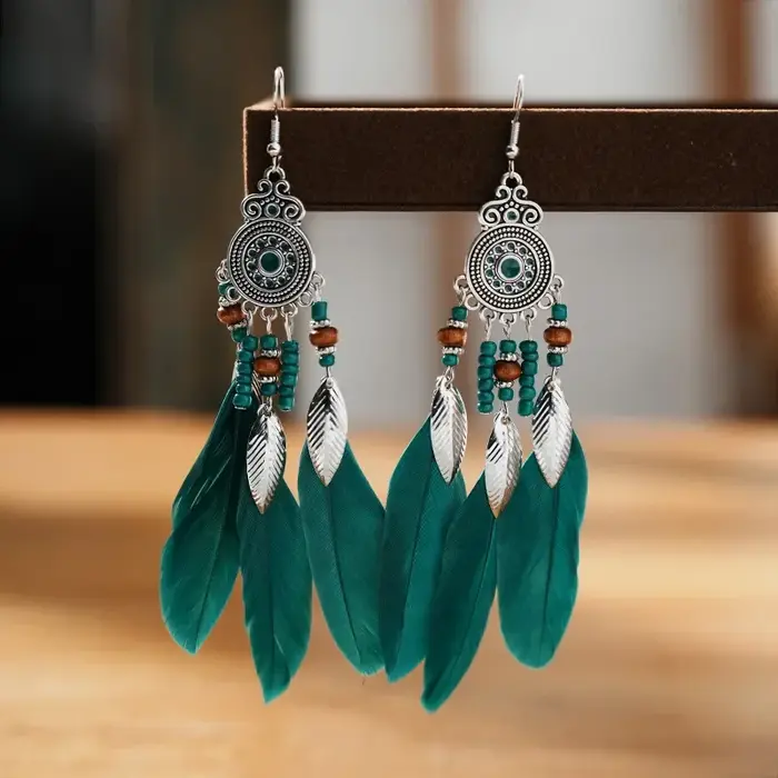 Boucles d'oreilles bohème ethniques en plumes pour femmes, élégantes perles en bois, feuilles longue
