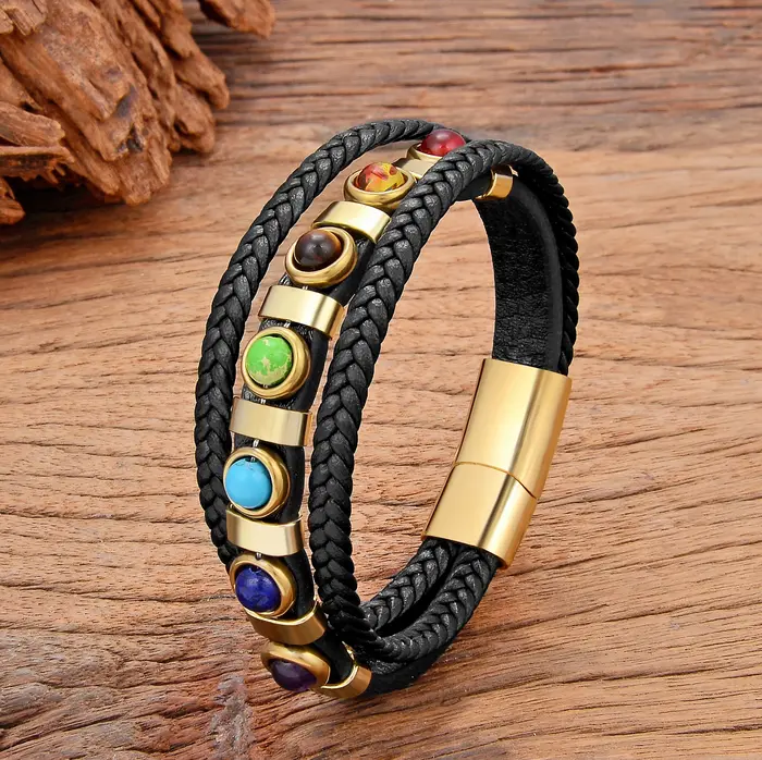 Bracelets Chakra de Style ethnique bohème pour hommes, corde en cuir tressée multicouche faite à la 