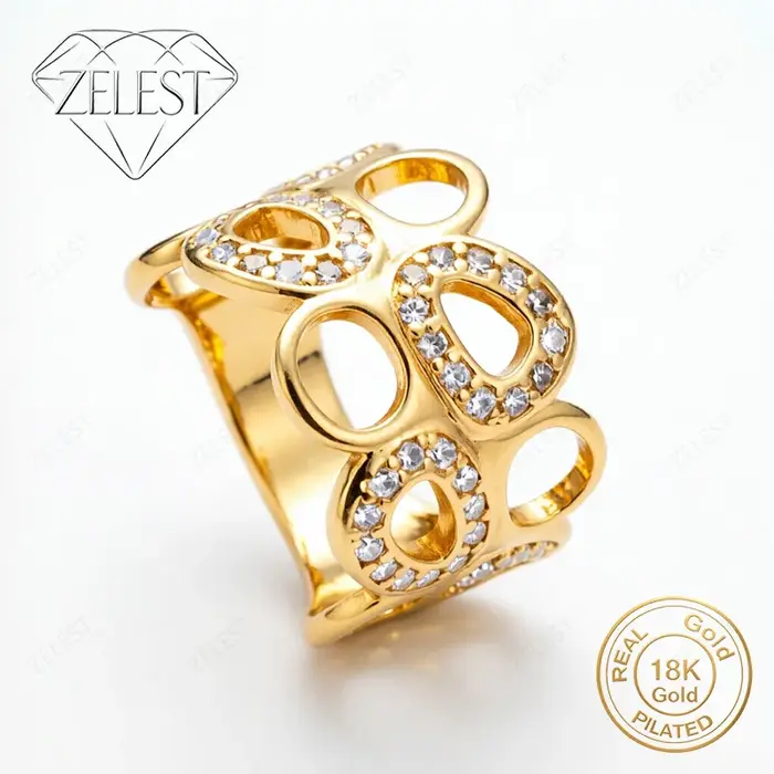 Bague large en argent sterling 925 plaqué or 18 carats, ajourée et sertie de diamants, pour femme, b