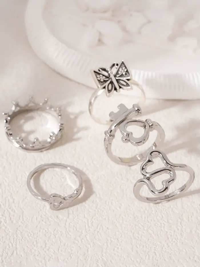 Ensemble de bagues en forme de cœur et de papillon pour femmes, bijoux Vintage empilables, couronne 