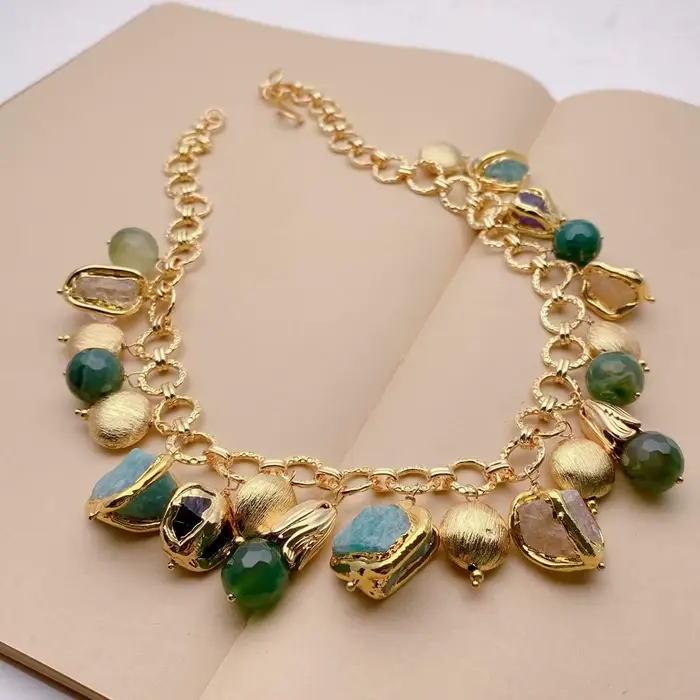 Collier de menton plaqué or, citrine naturelle, améthyste, Amazonite, bord galvanisé, pendentif rugueux