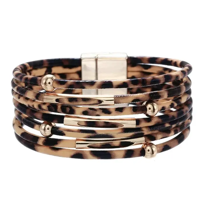 Bracelet en cuir imprimé léopard rétro en métal