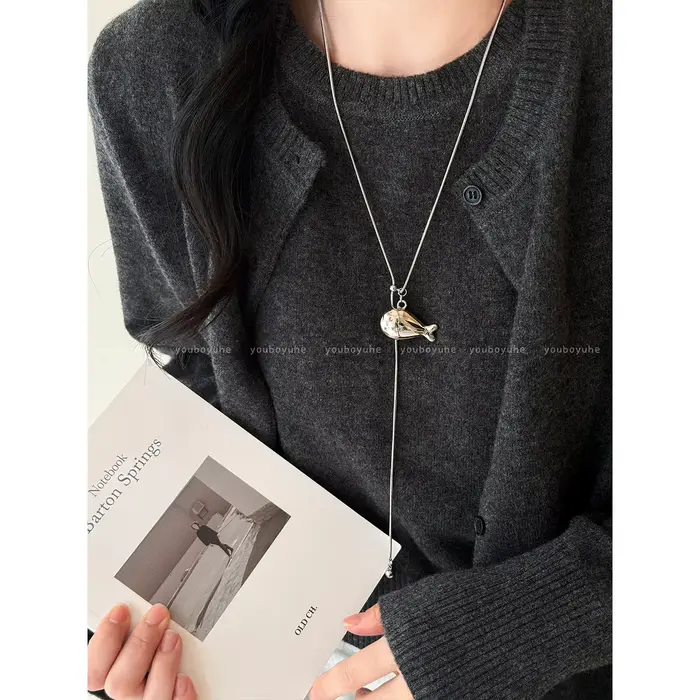 Collier long avec pendentif poisson minimaliste coréen couleur argent pour femme, bijou polyvalent e