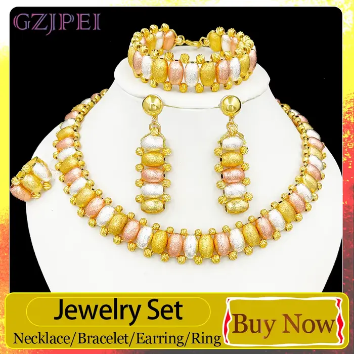 Ensemble de bijoux GZJPEI Boho pour femmes, trois couleurs, perles dorées, bijoux de mariée africains, collier, boucles d'oreilles, bracelet, bague, bijoux Dubaï Brésil