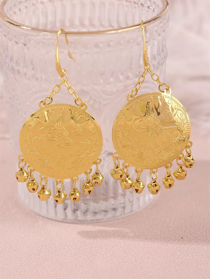 1 paire de boucles d'oreilles luxueuses pour femmes, en forme de pièce de monnaie avec motifs ottoma