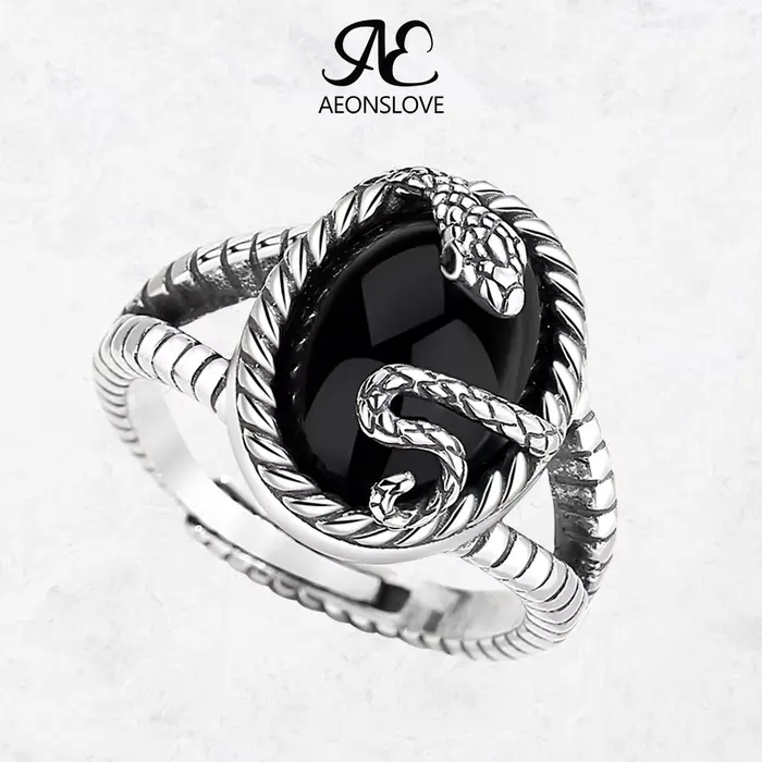 AEONSLOVE 925 bague serpent réglable en argent Sterling bague en obsidienne ovale Vintage bijoux païens cadeaux personnalisés pour hommes femmes
