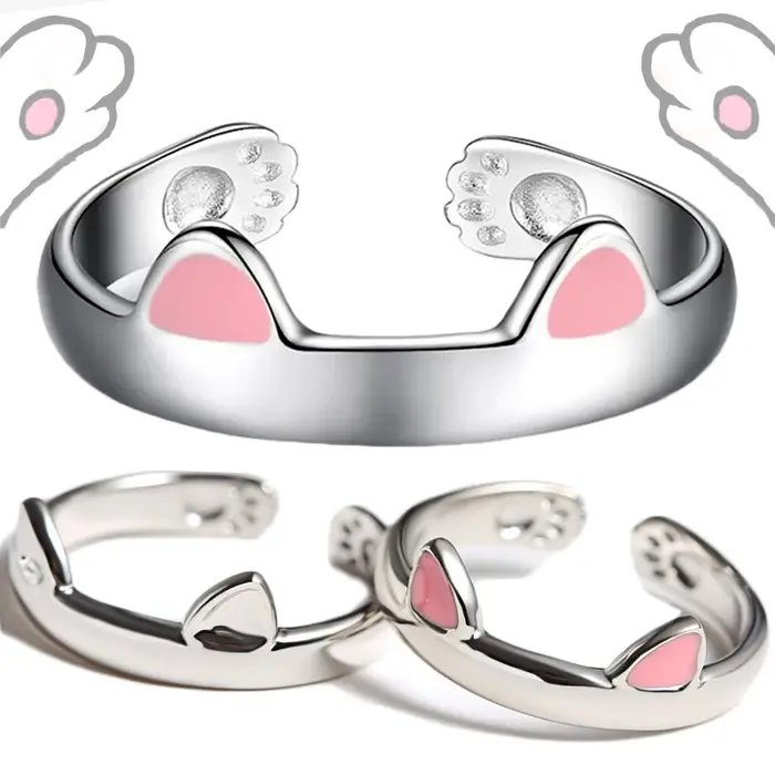 Mignon chat oreilles anneau ouverture concepteur chats patte embrasser étroitement bagues pour femmes filles à la mode
