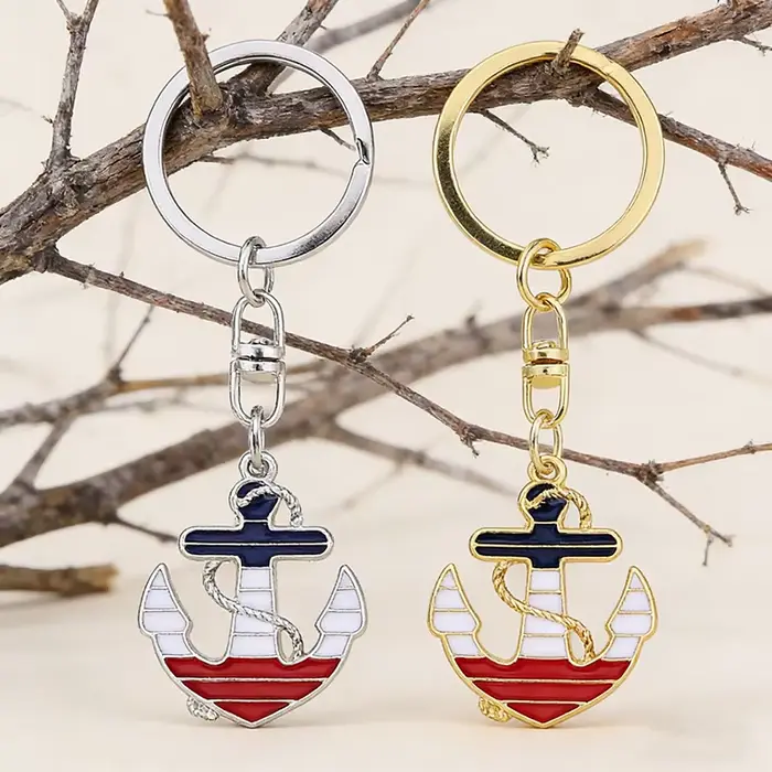 Porte-clés ancre nautique en émail pendentif métal rouge blanc bleu accessoire mode femmes hommes breloque sac cadeau fête noël occasion spéciale