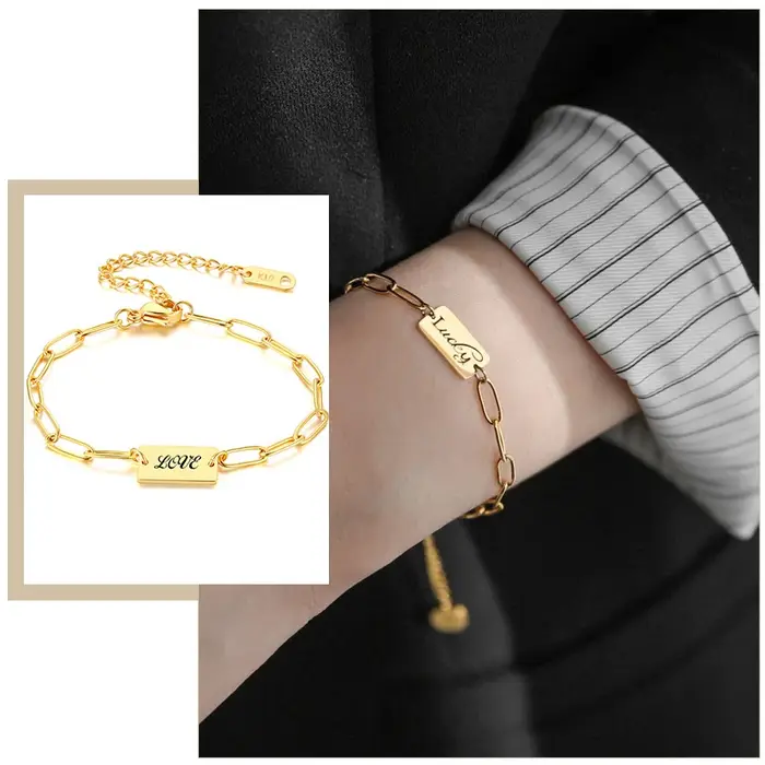Bracelet Initial Personnalisé avec Nom pour Femme, Accessoire en Acier Inoxydable, Lien Rectangulair
