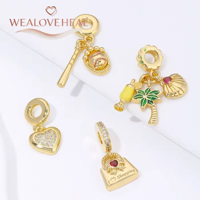 perles pour bracelet,Breloques en forme de gant de baseball/plante tropicale/« I Love Shopping »/cœur plaquées or 18 carats pour la fabrication de bijoux et bracelets DIY