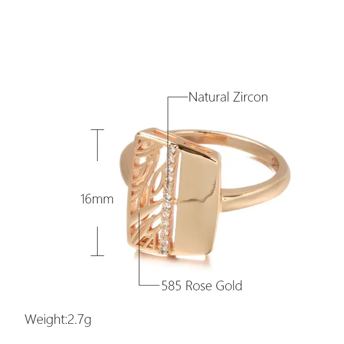 Bague de luxe brillante en or rose 585 pour femme, bijou de mariage vintage à la mode, avec zirconium blanc, carré, pour occasions spéciales
