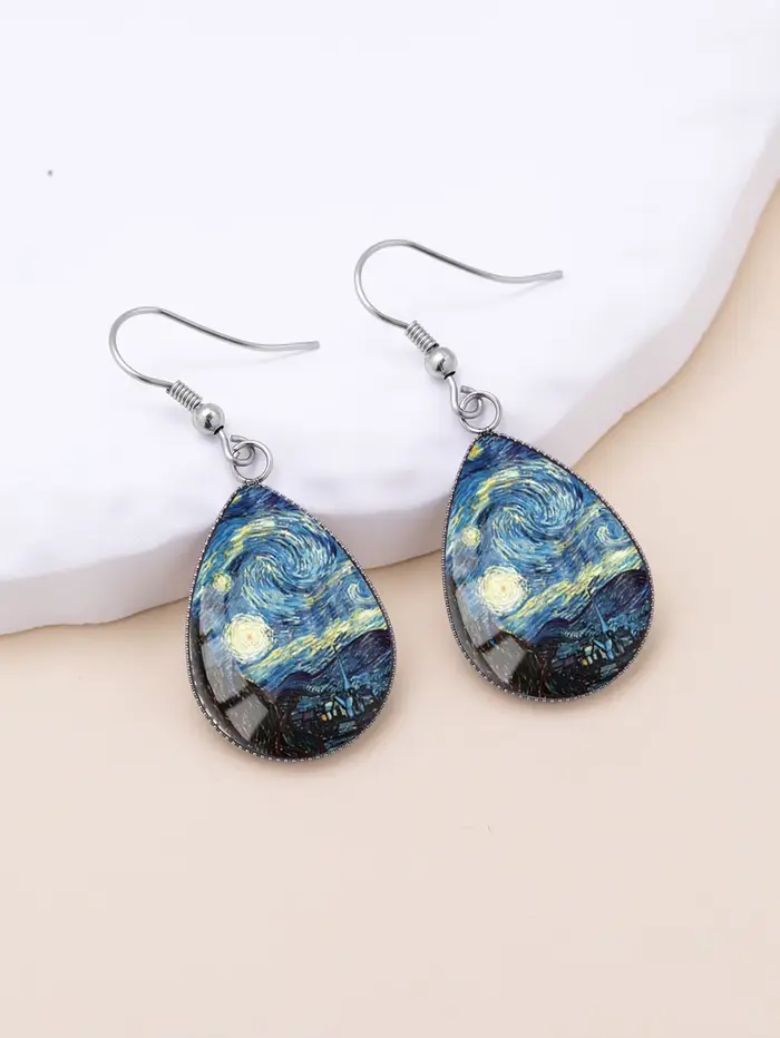 1 paire de boucles d'oreilles bleues à motif Van Gogh avec verre convexe et crochets d'oreille en fo