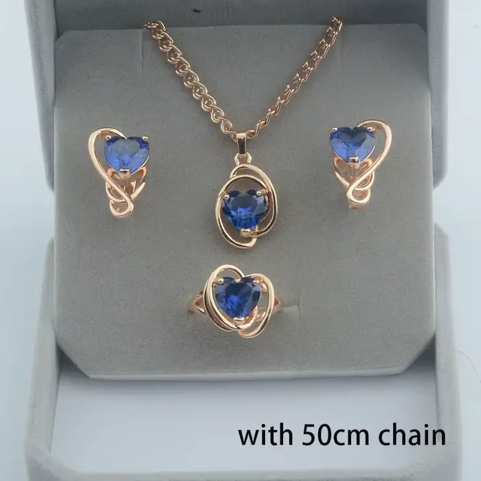 Ensemble de bijoux pour femmes, couleur or Rose, cœur bleu, Zircon cubique, pendentif et bagues, 585