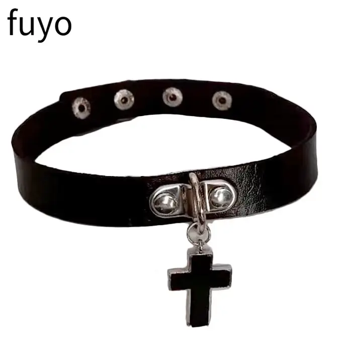 Collier gothique en cuir pu pour femmes punk rock avec motifs plantes et croix pour anniversaires et soirées