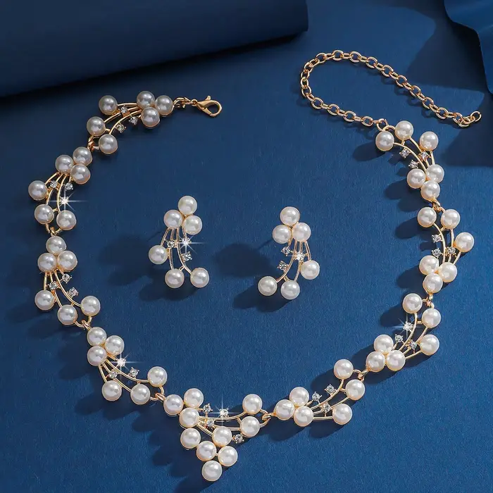 Ensemble de bijoux en alliage et perles - Boucles d'oreilles, collier et parure de mariage - Tendanc