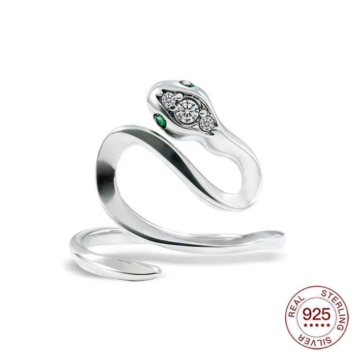Bague ouverte en argent sterling 925 en forme de serpent torsadé avec accents verts et transparents 