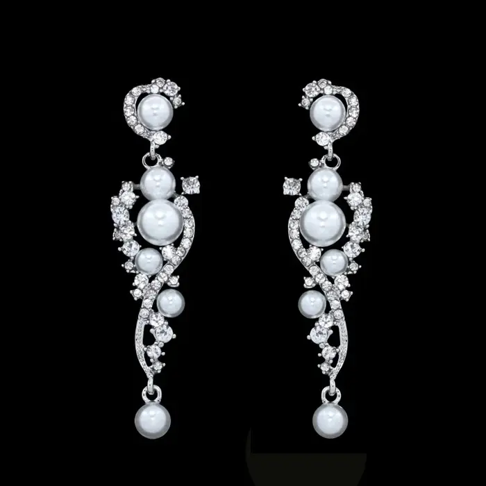 BLIJERY – boucles d'oreilles longues élégantes en perles simulées, couleur argent, cristal, motif fl