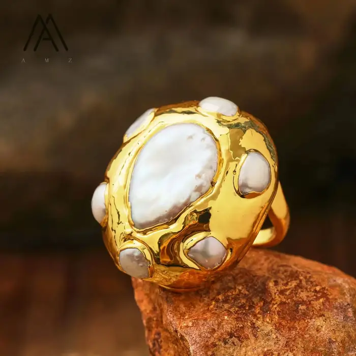 Bague en perle baroque plaquée or réglable pour femmes occasions spéciales engagement soirée mariage anniversaire unique
