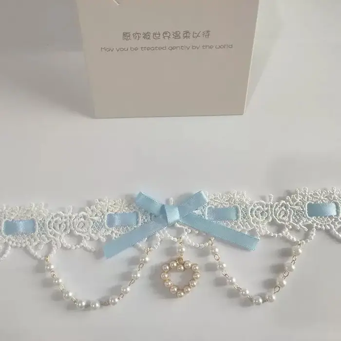 Collier Lolita en dentelle avec pendentif cœur perlé, ruban Y2K, nœud papillon, pour femmes et fille
