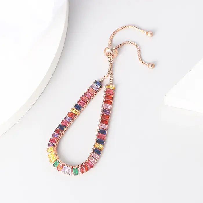 Bracelet Multicolores Arc-en-Ciel en Argent Regardé 925 et Or Rose 18 Carats Pour Femme Occasions Spéciales Bagues Cristal Pierres Précieuses Blanc Noir Vert