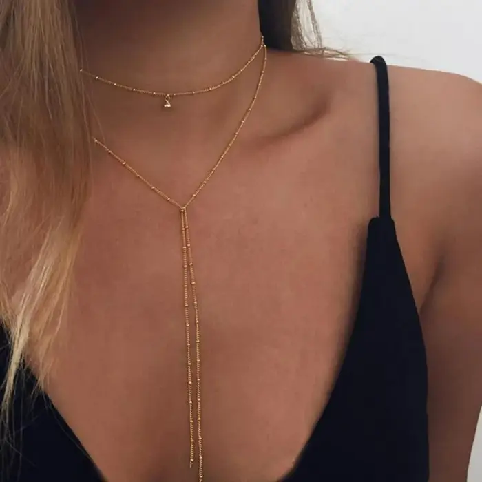 2024 Simple or argent couleur chaîne Collier ras du cou longues perles gland Chocker colliers pour femmes