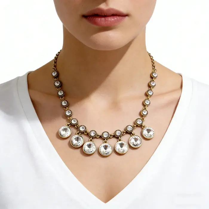 Collier pendentif rond en cristal de couleur or et argent rétro pour femmes