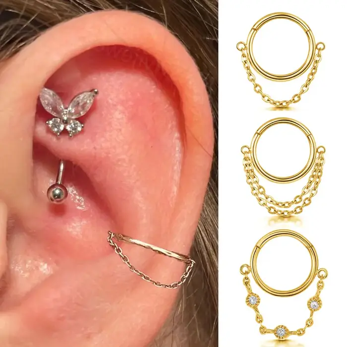 16G chaîne en acier inoxydable conque oreille Piercing articulé Clicker Segment Septum