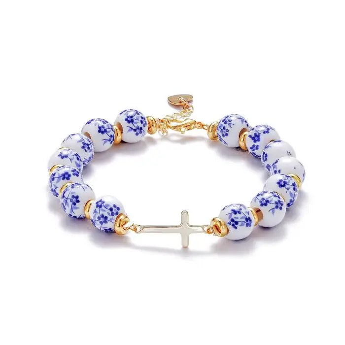 Bracelet en perles de porcelaine élastiques pour femmes, design métallique bleu et blanc, style vint
