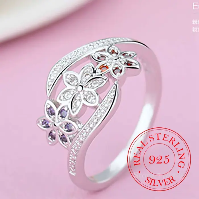 Bague fleur en argent sterling 925 pour femme – Élégant blanc rouge violet CZ bijoux classique brace