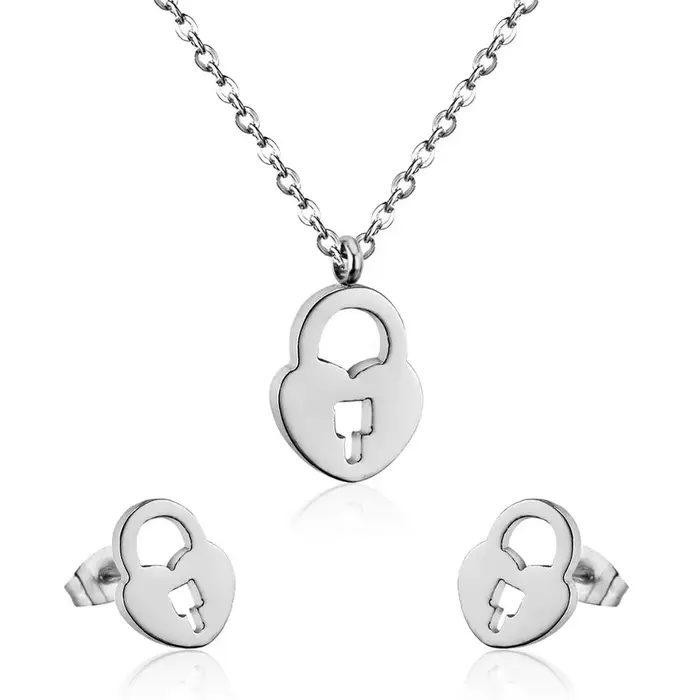 LUXUSTEEL Ensemble Collier et Boucles d'Oreilles de Mariage, Collier Pendentif Cadenas, Boucles d'Or