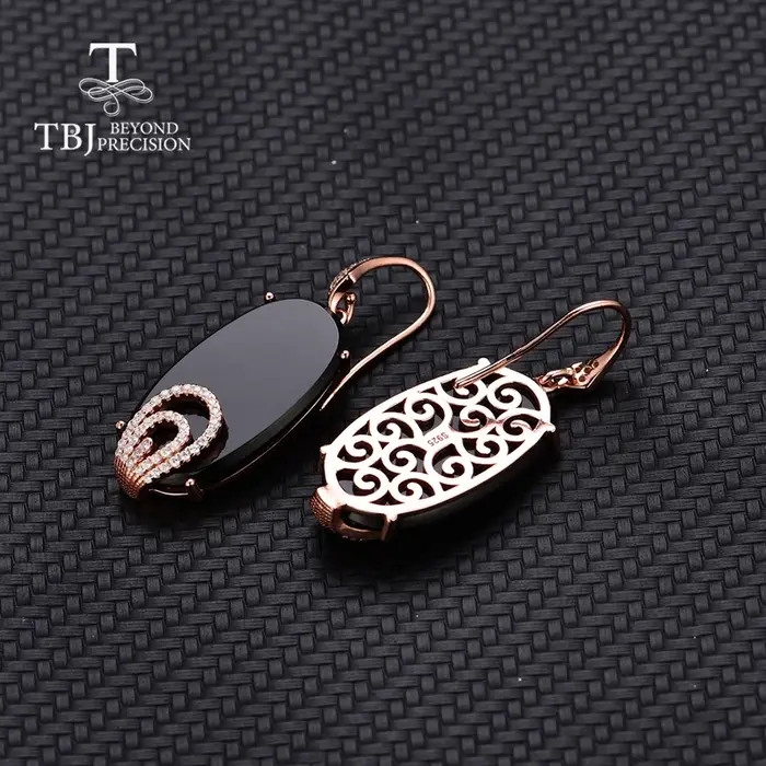 TBJ, vogue crochet longue boucle d'oreille 26.4ct naturel noir agate onyx 925 argent sterling or rose pierre précieuse