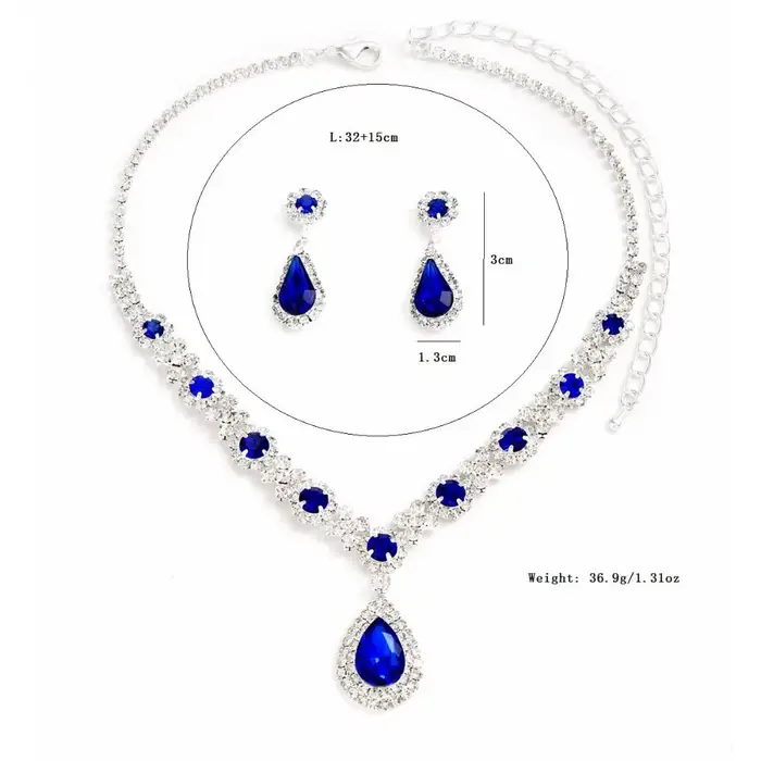 Parure de bijoux fantaisie en cristal : collier et boucles d'oreilles pendantes de luxe en forme de goutte d'eau