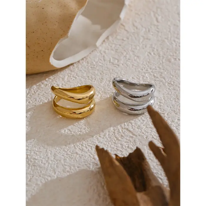 Bague géométrique double couche en métal acier inoxydable or PVD pour femmes soirée style mode occasions spéciales